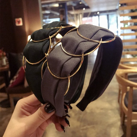 Hair Accessories Headband Women Fashion Golden Ring Cross Stitching Fabric Wide Side