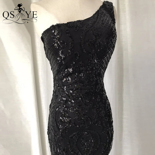 One Shoulder Sequined Black Evening Dresses Glitter Pattern Lace Mermaid Prom Gown Long Formal Party Women Fashion Dress 2025