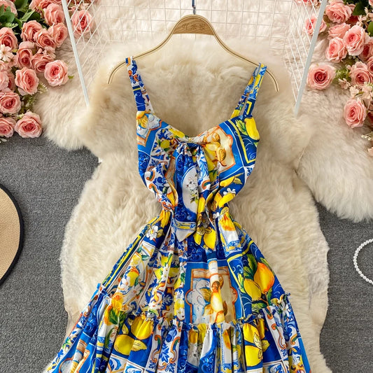 Summer Bohemian Sleeveless Long Dress Women's Sexy Spaghetti Strap High Waist Flower Print Holiday Beach Dresses Vestido M78905