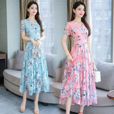 Summer Floral Dr V-Ne ort Sve Low Waist Ele Sle Ms F Casual Ciwalk Dr for Middle-Aged Women