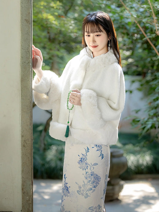 Winter Thiened Fce Lined Young Sle Improved Chinese Cerc Blue Floral Print Daily Wear Warm Long Sve Dr