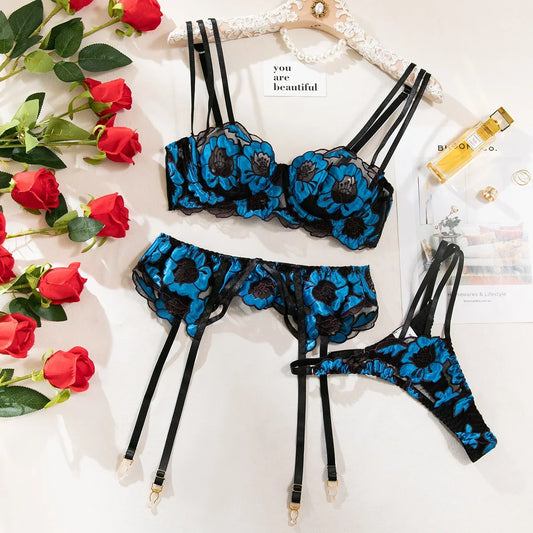 Bra + Panties + Garter,Ultrathin Embroidery Push Up Lingerie Sets For Women Sexy Underwear Hollow Out Intimates Beautiful Back