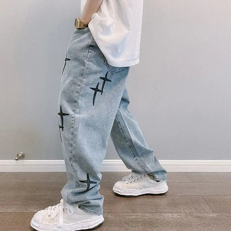 Men's 2023 New Streetwear Baggy Wide Leg Jeans Ko Print Pattern Comfortable Fit Casual Trousers for Men