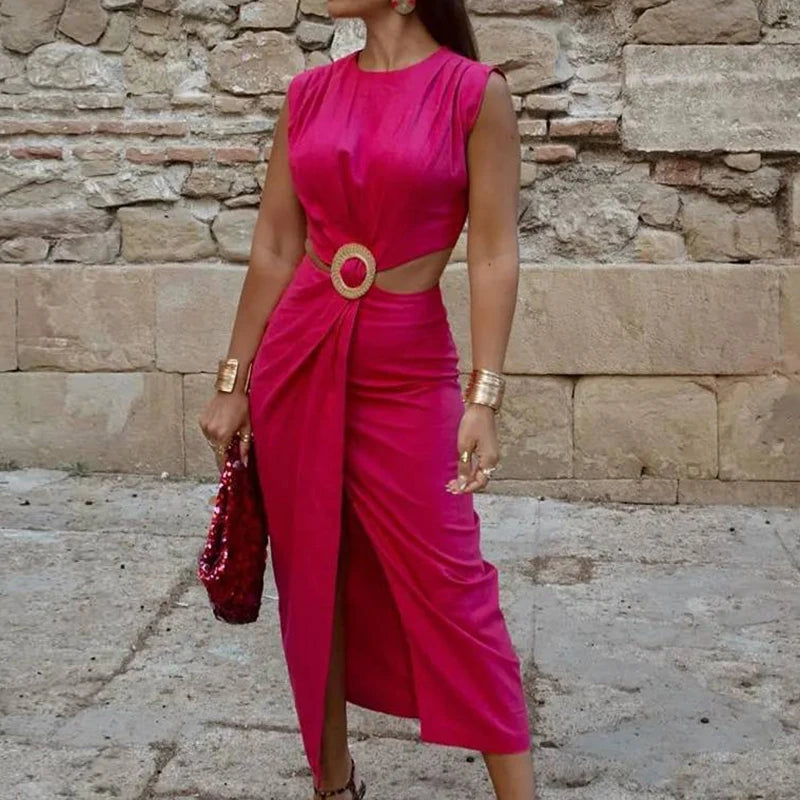 Elegant Sleeveless O-neck Party Dress Summer New High Waist Hollow Out Halter Dress Fashion Slim Solid Color Split Evening Dress