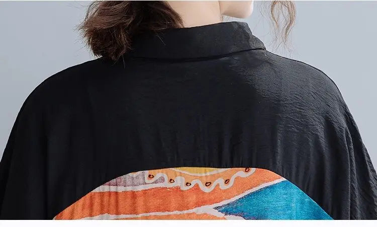 Women Summer Clothing 2025 New Style Literary Splicing Loose Printed Button Splicing Shirt Dress