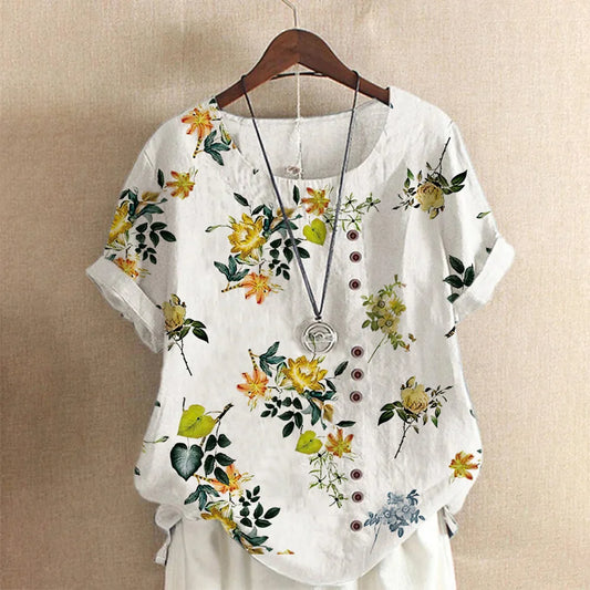 2026 New Women's Casual Blouse Loose Fit Crew Neck Short Sleeve Floral Print Top for Office Dating Daily Wear