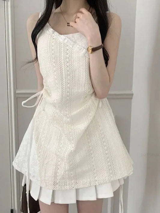 Summer Dress Women Chic French Lace Stitching Sling Shirt Stacked Gauze Knitted Overskirt Inner Wear Base Short