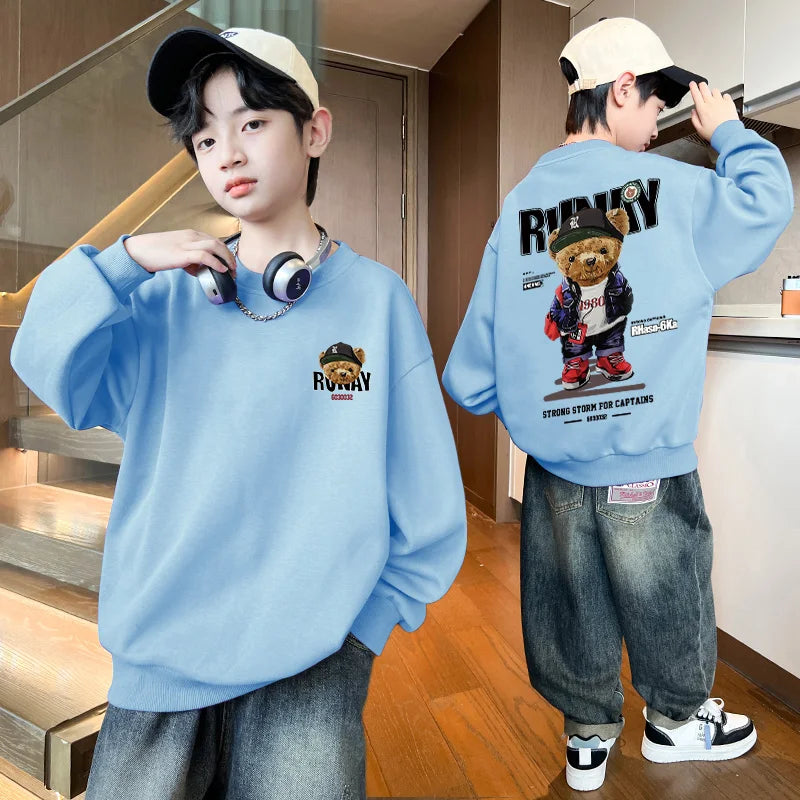 Boys Cartoon Bear Sweatshirts Loose Sports Round Neck Tops New Spring Autumn Clothing Toddler Trendy Printed Long-sleeved Hoodie