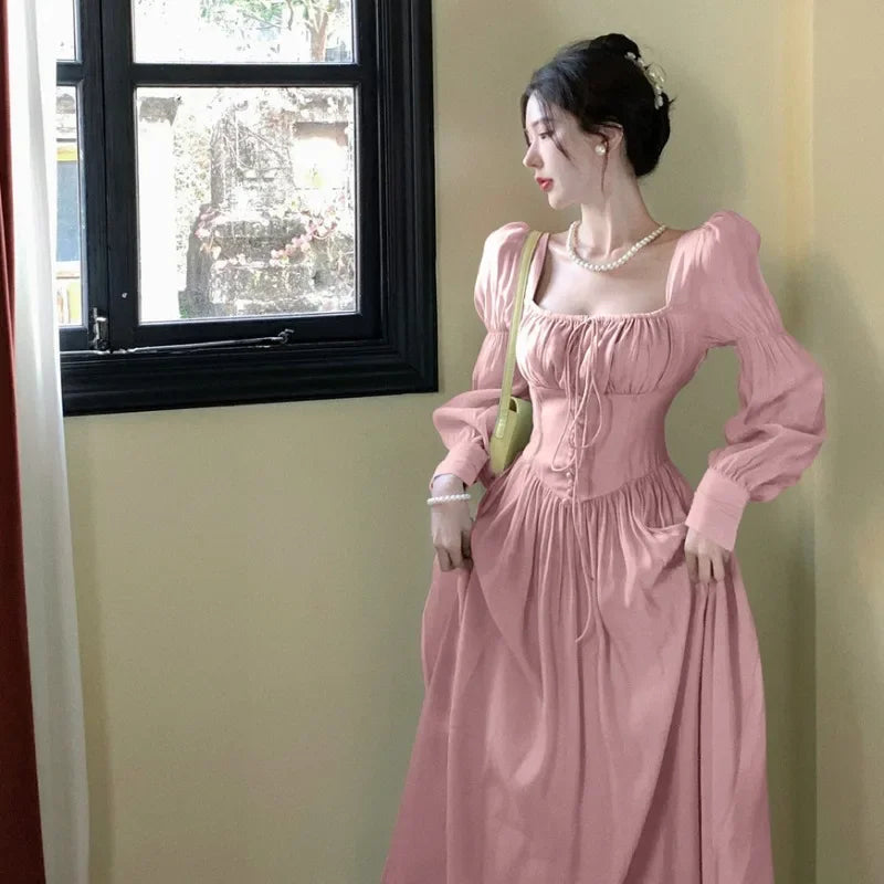 Elegant Princess Party Dress Women High Waist A-line Lace Up Autumn Spring French Vintage Prom Robe Fairy Vestidos Mujer Платье