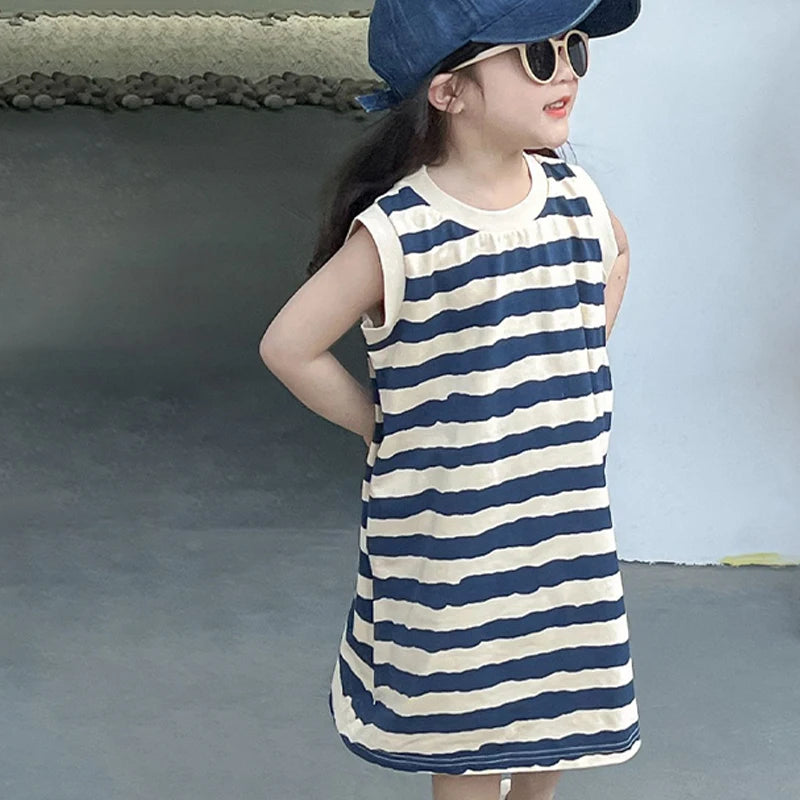 Summer New Sister And Brother Set Girls Striped Sleeveless Dress Fashion Boys Short Sleeve Two Piece Set