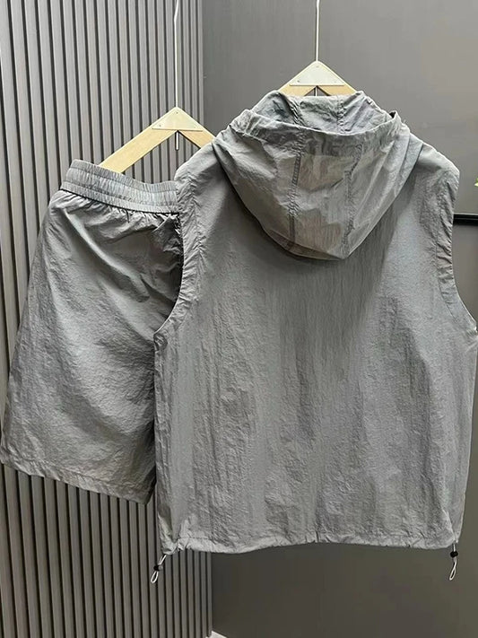 Men's Casual Lightweight Vest orts Two-Piece Set Summer Hat Faion Sun Protection Polyester Fiber Thin Sle Commuting