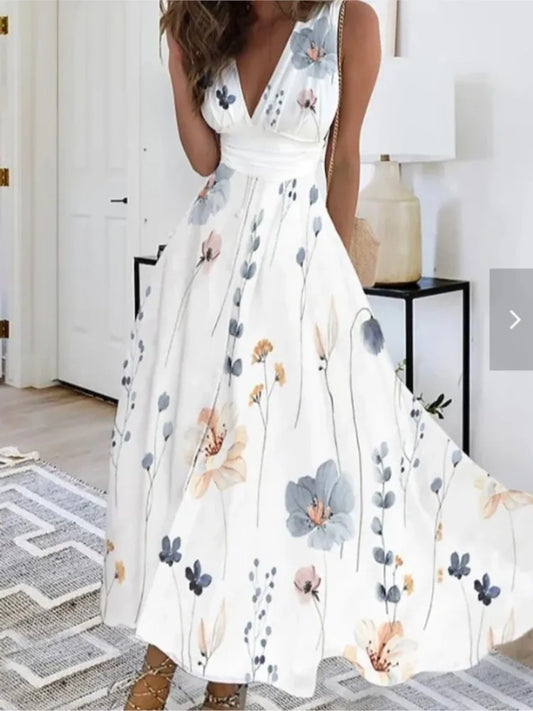Summer Women Dress Fashion Sexy V-Neck Sleeveless Higt Waist Long Dresses Elegant Office Printing Holiday Party Dress Vestidos
