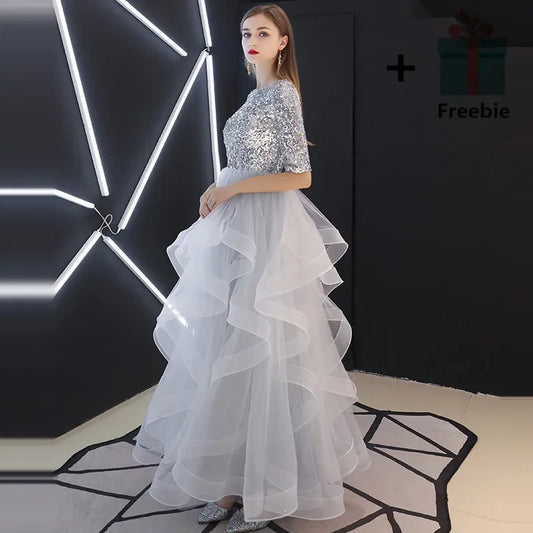 It's YiiYa Evening Dresses Gray Sequins Half Sleeve Tiered Hems Floor-length Fromal Plus size Party Gowns LX1398 robe de soiree