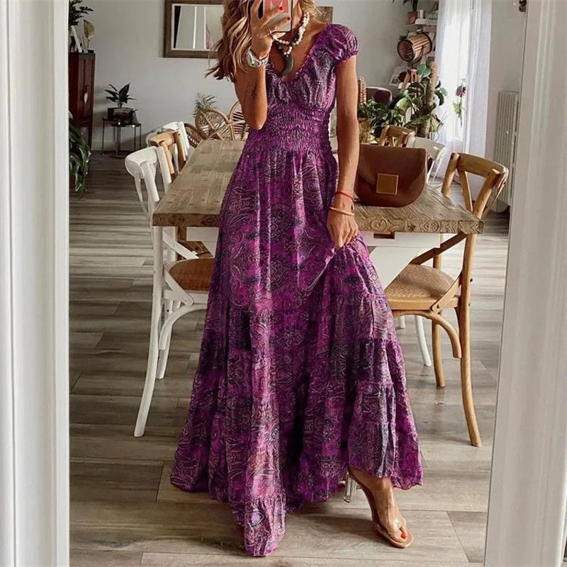 Women's Summer New Ethnic Style Printed Dress Short-sleeved Waist Dress Fashionable Floral Petal Sleeves Large Hem A-line Dress