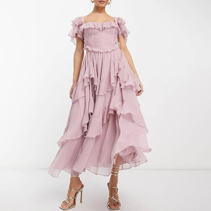 Europe and America Summer Dresses Ceremonial Dress Spend One's Holidays Lace Backless Hollow Out Tiered Flounce Fold Breathable