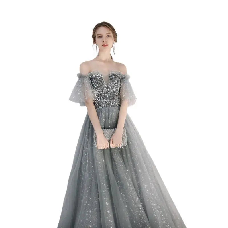 Sexy Off-Shoulder Evening Gowns New Silver Gray Evening Gowns Maix Shiny Dress Party Dresses Women Evening Vestidos De Fiesta