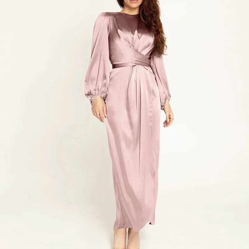 Women Arab Muslim Dresses Satin Long Sleeve Maxi Dress Solid Color Wrap Front Self-Tie Party Dress Prom Evening Robe De Soiree
