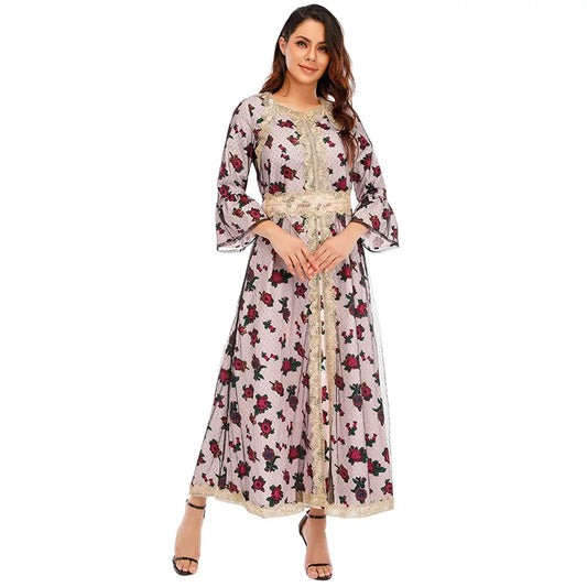 Muslim Fashion Abaya Dress Eid Malaysia Dubai Muslim Women Printing Flower Fabric Classic Abaya Elegant Lace Dresses Robe