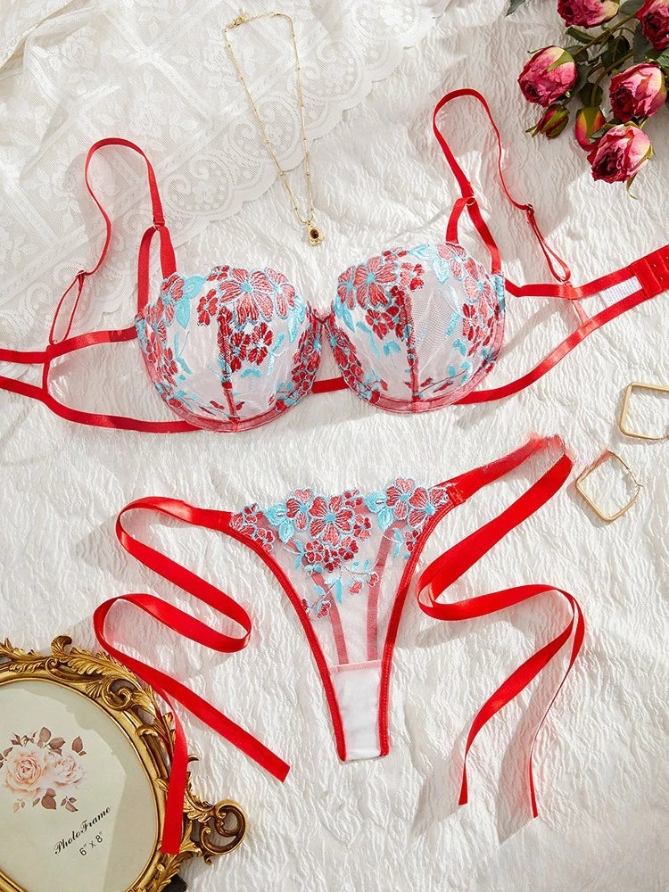 Toucheart 2 Piece Set Embroidery Lingerie Set Women Sheer Bra and Brief Underwear Set Satin Sexy Intimates See-Through Underwear