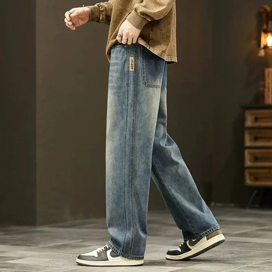 American Retro Waed Denim Jeans Men's Trendy High Street Loose Straight Leg Dra Wide Leg Pants Spring Autumn Casual Lon...