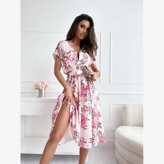 Summer New Women's Loose Slimming Midi Dr ort Sve Ele Lady Sle Floral Print Gown with Knot