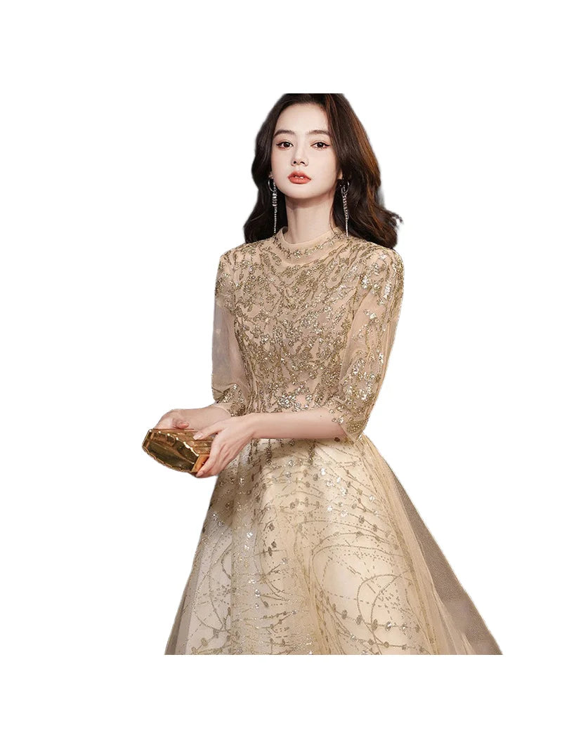 Ele Golden Evening Dr for Women Faionable Host Sle Midi Skirt Polyester Fabric Regular Sve mid Waist