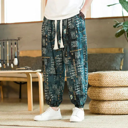 Spring and Summer Chinese Men Loose Printed Beach Thin Over-knee Casual Trousers