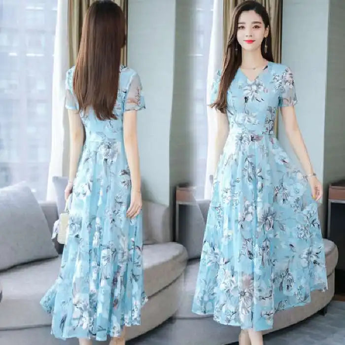 Summer Floral Dr V-Ne ort Sve Low Waist Ele Sle Ms F Casual Ciwalk Dr for Middle-Aged Women