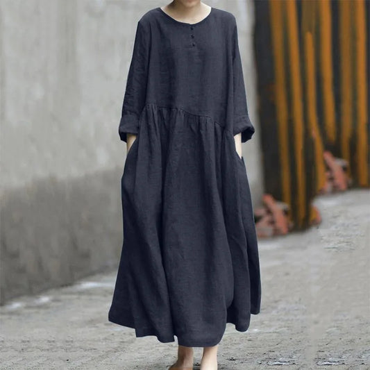 Women Cotton Linen Asymmetrical Loose Long Dress Autumn O-neck Long Sleeve Pocket Baggy Party Dresses JYFS-HS6144