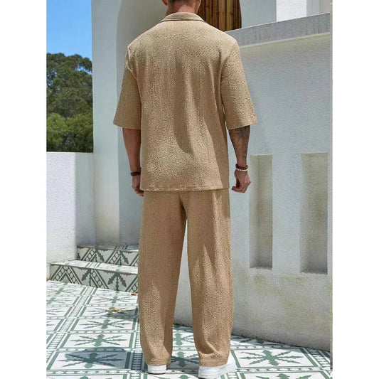 Men's Summer Fashion Loose Men Suit Solid Half Sleeved T-shirt And Pants Water Wave Wrinkles Two-piece Set For Male Outfits