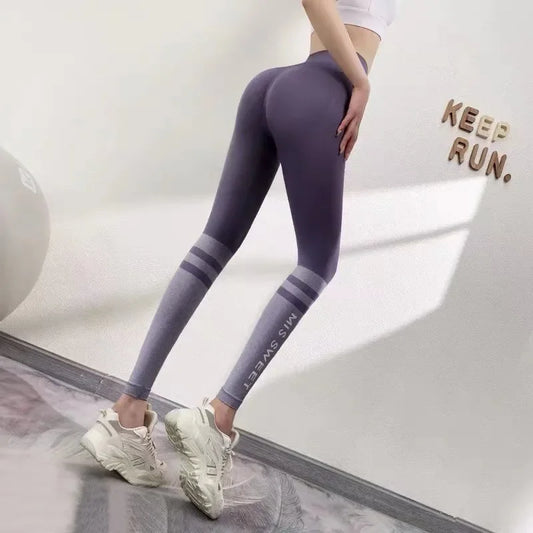 Letter High Waist Leggings Women Seamless Striped Leggings High Elastic Hip Liftting Fashion Gym Workout Slim Yoga Fitness Pants