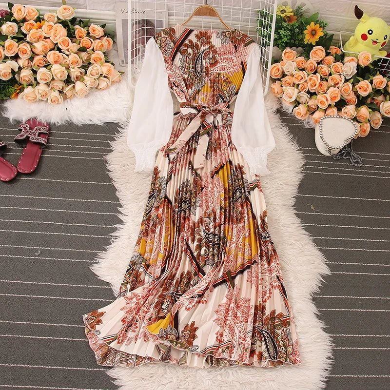 Sweet Style Long Dresse For Women Print Patchwork Pleated Long-sleeve High Waist Dresses Spring Summer New