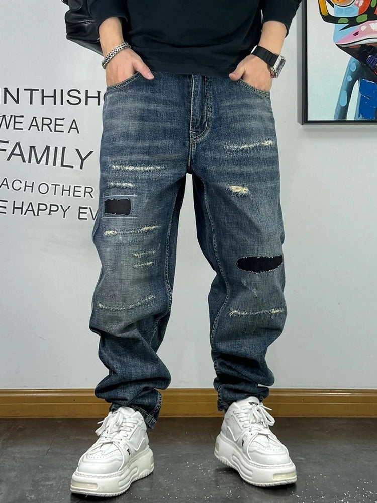 American High Quality Patch Ripped Jeans For Men Korean Fashion Denim Cargo Pants Streetwear Hip Hop Skateboard Trousers Male