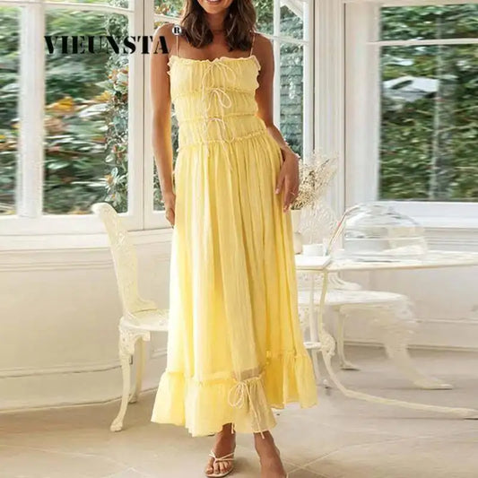 Elegant Sleeveless A Line Party Women Solid Pleated Maxi Romantic Dresses Summer Lady Spaghetti Strap Patchwork Bow Dress