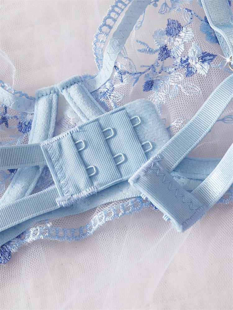 Sexy Lingerie Blue Mesh Underwear Delicate Embroidery Bra Set See Through Erotic Lingerie Romantic Intimate Underwear Sexy Set
