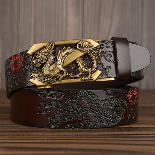 Male Genuine Leather Belts Casual Ratchet Belt with Automatic Buckle Luxury Design Dragon Pattern Belts for Business Men Strap