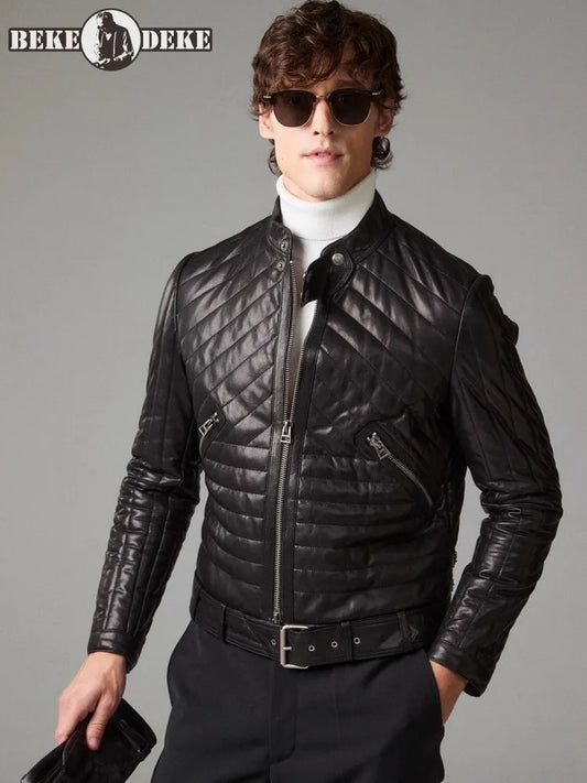 Male Genuine Leather Jacket Stand Collar Autumn Winter Zipper Slim Fit Cotton Padded Real Sheepskin Motorcycle Biker Style Coat