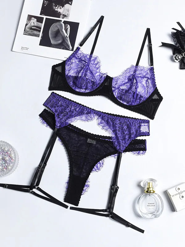 Sexy Lace Color Blo Bra And Panties Set Women's Nightclub Stoing Belt Four Piece Set European Sle ort Length Floral P...