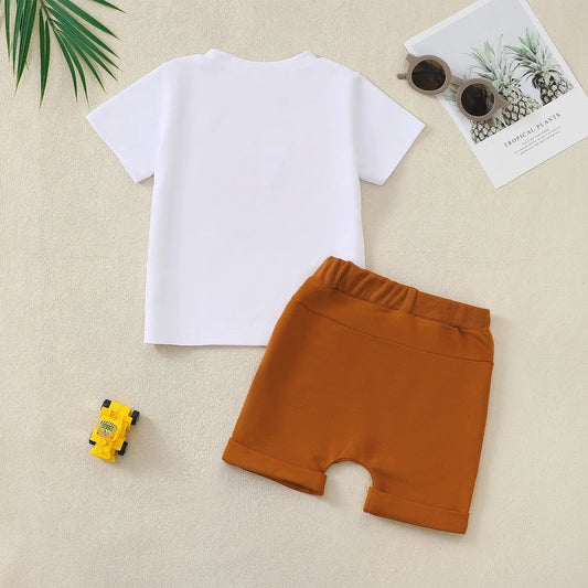 Baby Boys Summer Short Sleeve Outfit with Small Excavator Pattern Infant Toddler Clothing Set