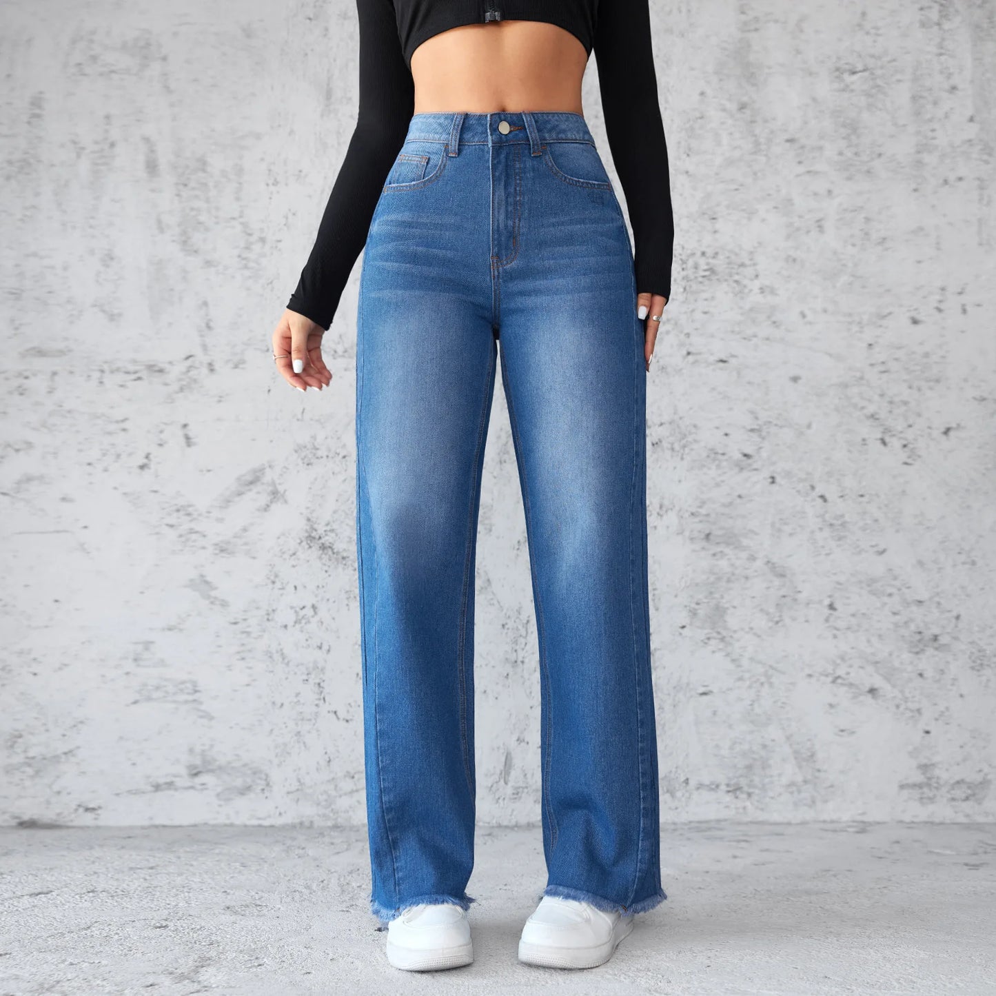 Street Sle High Waist Wide Leg Straight Jeans Women's No Stretch Denim Pants Casual Faion Pure Color Long Trousers