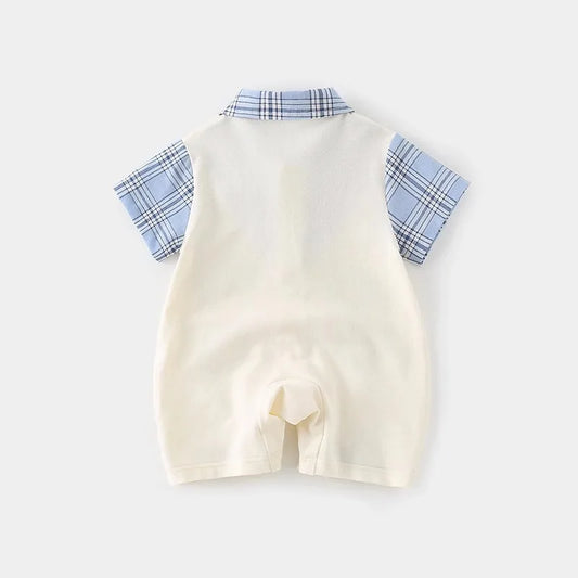 Boys Summer Short-sleeved Jumpsuit Clothes Baby Fake Two-piece College Style Onesie Babe Cute Dog Label Romper Fashion Outwear
