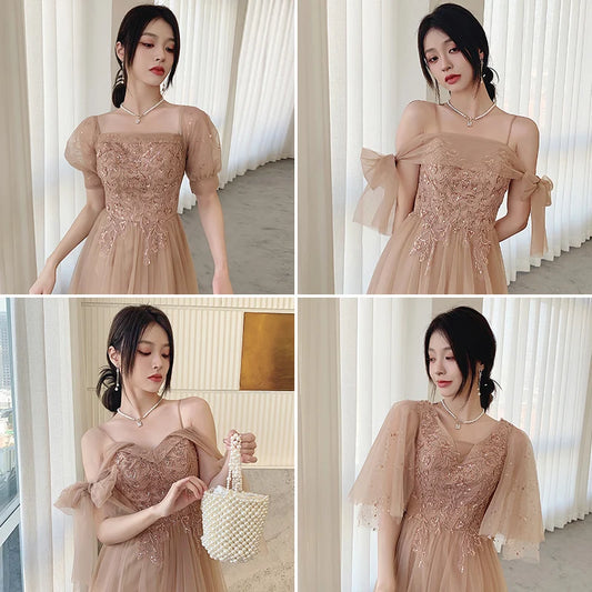 Champagne Color Maids Dr Long Sve Women's Sle Summer New Faion Simple Ele Long Silhouette Sister's up Gown