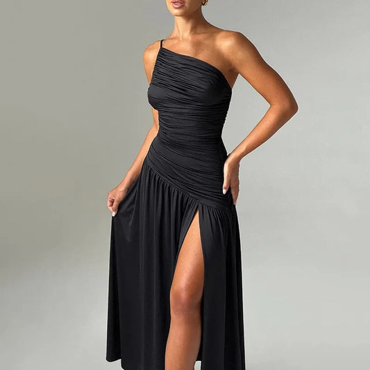 Summer 2025 New Slim-fitting Long Dress, Suspender, Slanted Shoulder, Pleated Split Fork A Pendulum Dress for Women