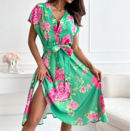Summer New Women's Loose Slimming Midi Dr ort Sve Ele Lady Sle Floral Print Gown with Knot