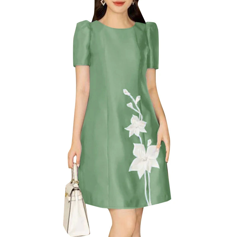 ZANZEA Korean Fashion Women A-line Robe Elegant Satin O Neck Short Sleeve Knee-length Dress Floral Printed Casual Party Vestidos