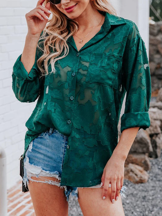 White Jacquard Chiffon Blouse Women Spring Summer Long Sleeve Button Shirts Elegant Vintage Casual See Through Oversize Blouses