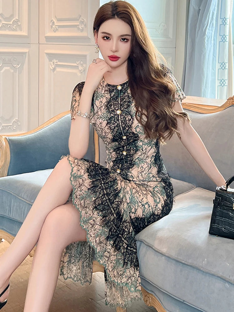 Elegant Birthday Party Dresses Women's Retro Lace Bubble Sleeve Single Breasted Pleated Skinny Fishtail Robe Runway Vestido