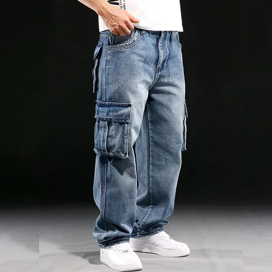 Fashion Trendy Men Multi Pocket Denim Pants American Vintage High Street Jeans Oversized Loose Fat Straight Trouser Cargo Pant