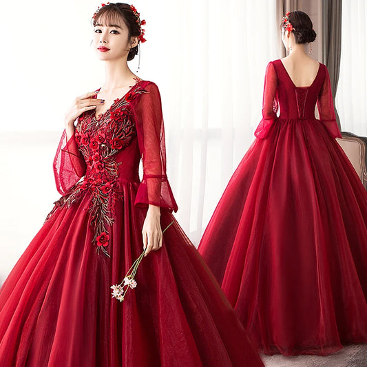 Wine long sweat half sleeve lady girl women princess bridesmaid banquet party ball prom dress gown