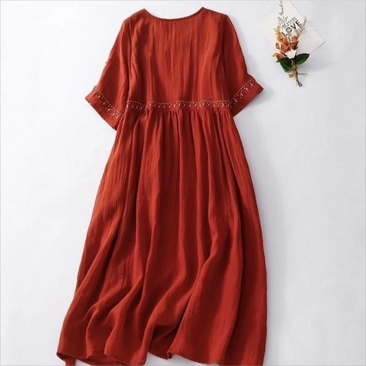 Summer New Women's Cotton and Linen Dress Ethnic Style Embroidery Temperament Round Neck Midi Skirt Loose and Casual White Dress